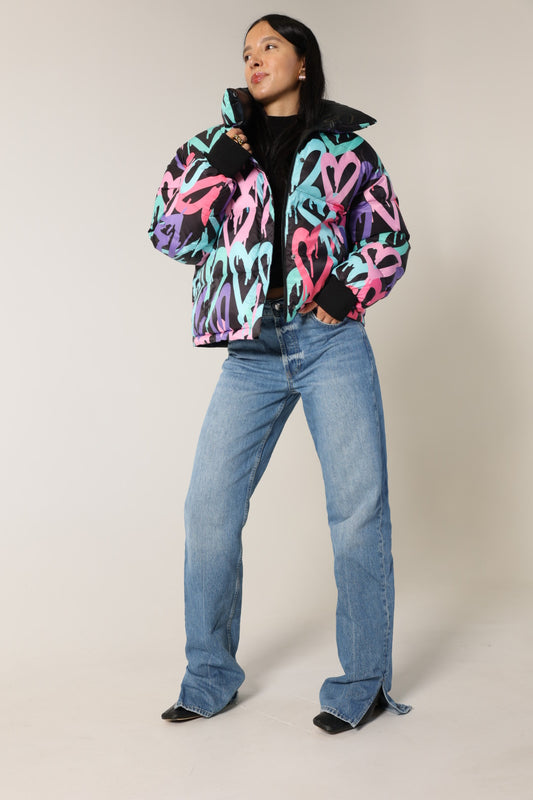 Graffiti Hearts Cropped Reversible Bomber