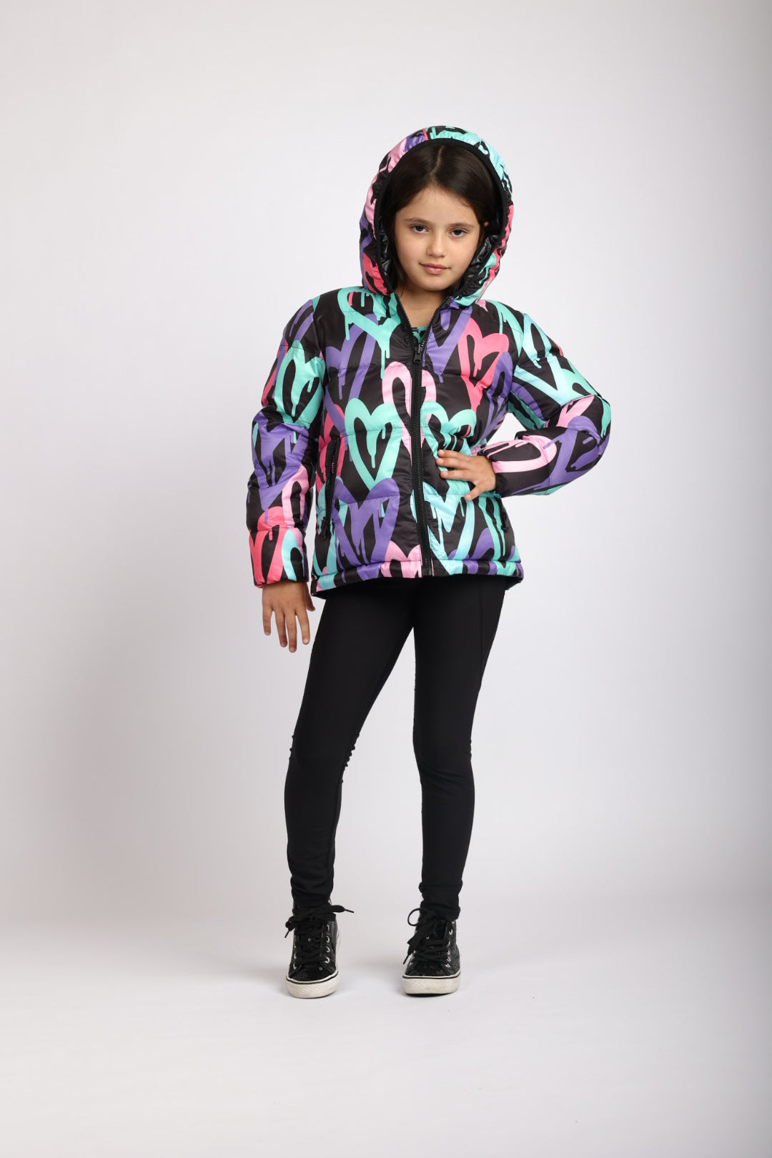 Graffiti Hearts Print Kids Hooded Coat