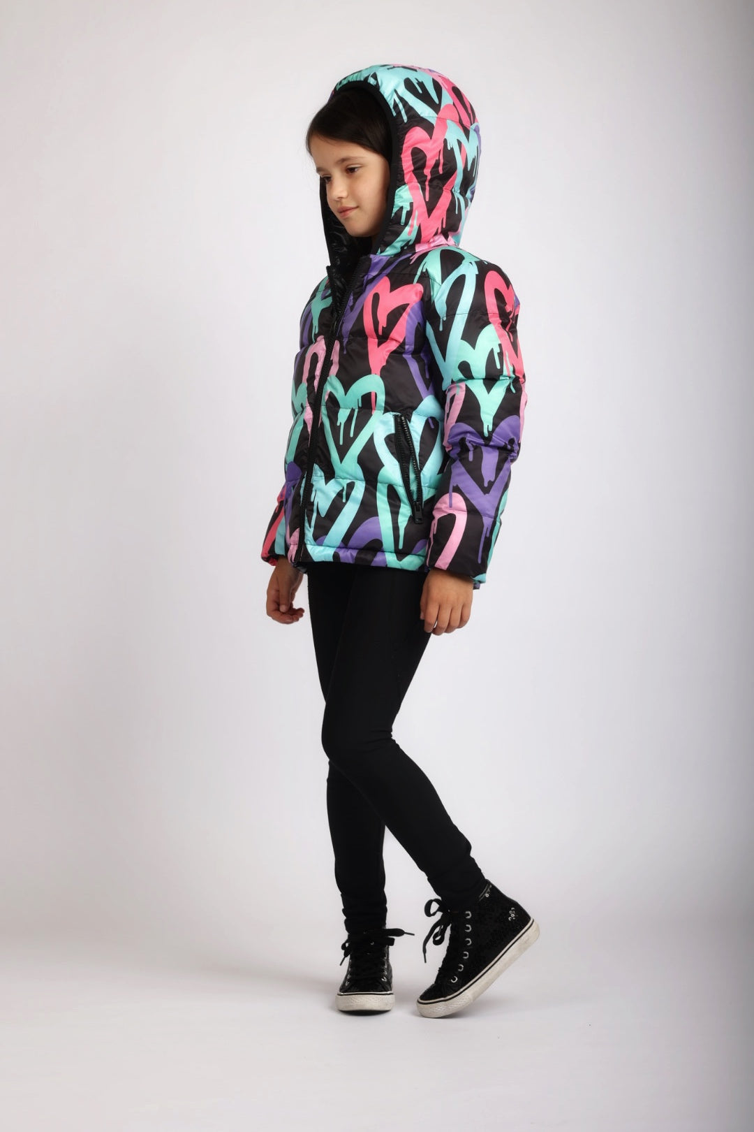 Graffiti Hearts Print Kids Hooded Coat